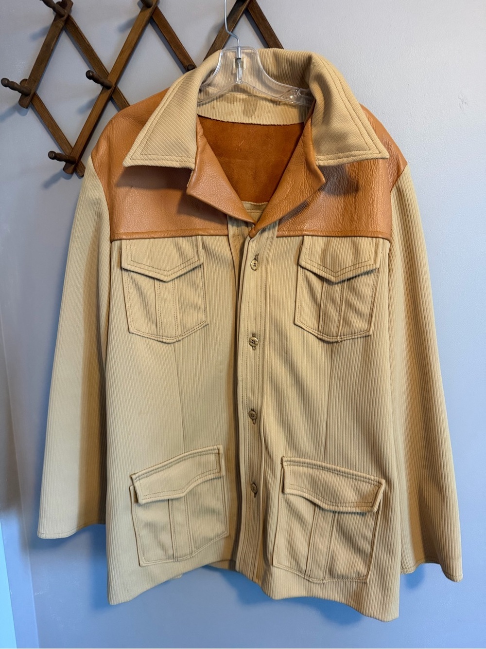 Vintage 70s Ribbed Leather Patchwork Jacket Tan Mens PTP 23